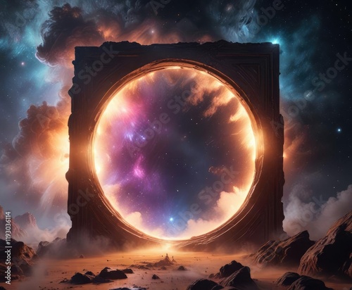 A mystical glowing portal in a nebula with swirling clouds of gas and dust, astrophysics, stars