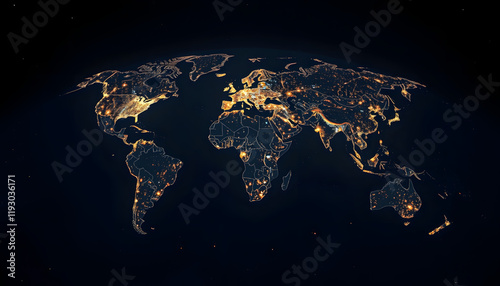 World map with night city lights. Planet earth with continents at night. Cities and technologies, 8k unreal engine photorealism, with white tones