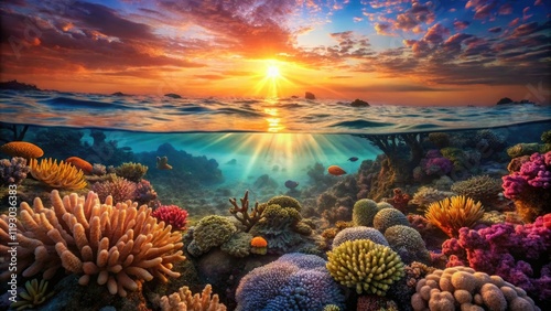 Wallpaper Mural A coral reef at sunset with warm colors and soft light, beach scenery, tropical atmosphere, ocean floor features, coral reefs Torontodigital.ca