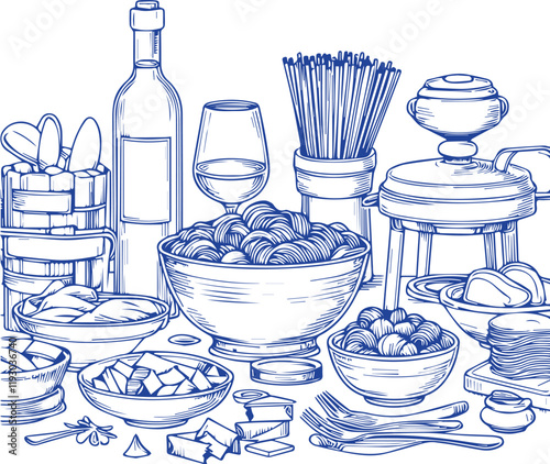 Italian homemade pasta retro vintage doodle drawing. Family dinner, picnic, breakfast or supper with wine, macaroni and snacks. Dolce vita table setting drawings for cafe or restaurant menus design