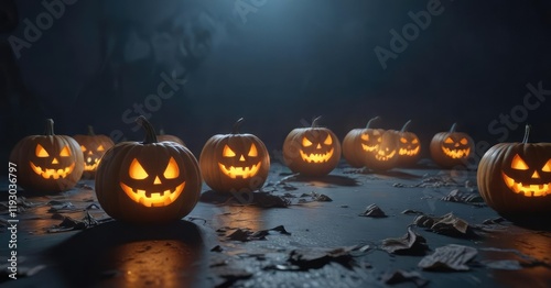 A patch of glowing pumpkins with a ghostly figure looming in the shadows on a dark blue background , pumpkins, autumn photo