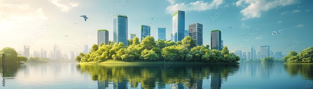 Obraz premium A futuristic city powered by recycling, green energy flowing from waste, sustainable and clean environment, detailed and vibrant concept generative AI