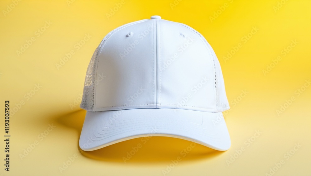 Fototapeta premium White baseball cap mockup. Blank trucker hat isolated on yellow background 