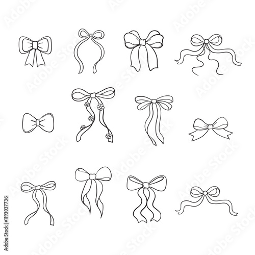 Bows Black and white silhouette images. Vector Illustration Isolated On White. Coquette Bows. Hand Drawn