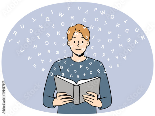 Polyglot man reads book with dictionary and learns new language standing among flying latin letters. Polyglot guy enjoys reading foreign literature to develop horizons or prepare for exam.