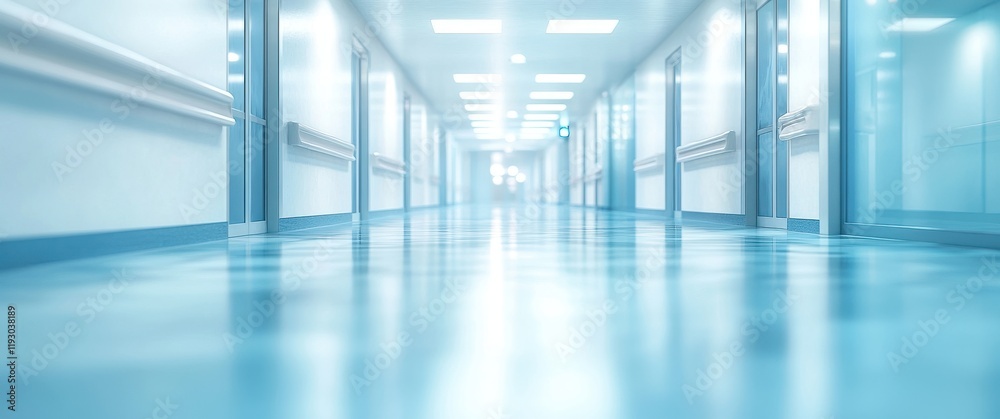 Obraz premium Modern hospital corridor with bright lighting and clean, polished floors, showcasing a serene and spacious environment ideal for healthcare settings and patient care.