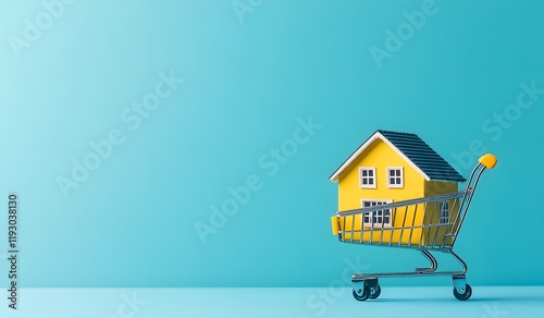 Miniature house in shopping cart real estate purchase, housing market, or property investment