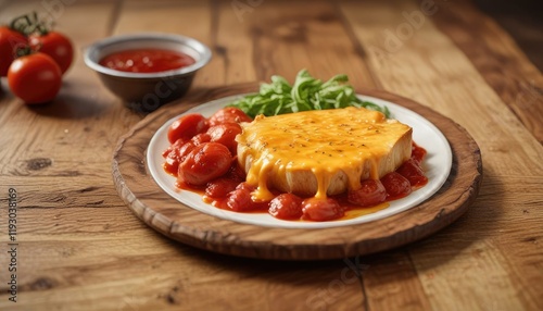 A plate filled with melted cheddar cheese, oniony goodness, and a tangy tomato sauce drizzle served on a wooden table , flavorful, breakfast, satisfying photo