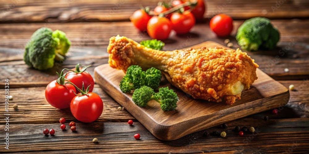 Crispy Fried Chicken Leg with Vegetables on Wooden Board Crispy Fried Chicken Leg with Vegetables on Wooden Board