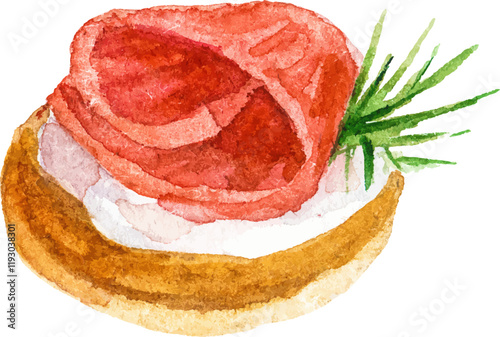Watercolor painted salmon bruschetta Hand drawn seafood design elements isolated on white background