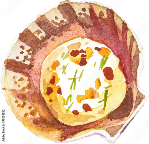 Watercolor painted scallop. Hand drawn fresh seafood design element isolated on white background.