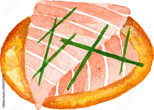 Watercolor painted salmon bruschetta Hand drawn seafood design elements isolated on white background