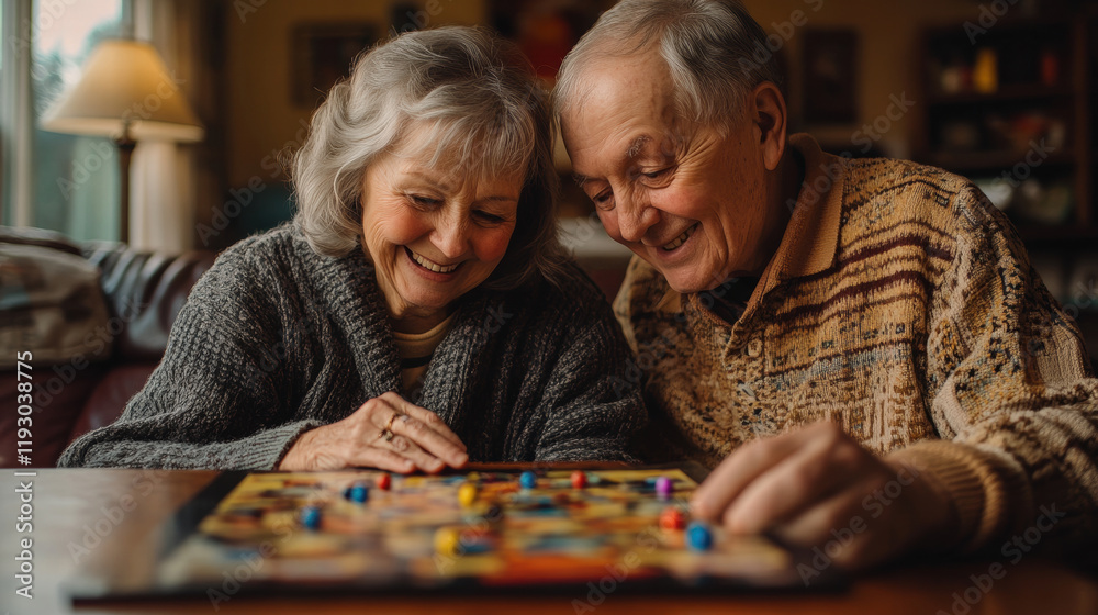 Fototapeta premium Enjoy cozy board game night with senior couple, smiling and engaged in fun activity together. Their warm expressions reflect joy and companionship