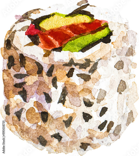 Watercolor painted sushi roll. Hand drawn fresh seafood design element isolated on white background.