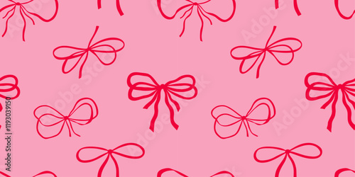 Pink seamless pattern with hand drawn bows. Vector pattern with quirky bow knots for valentine's day, birthday and wedding cards and invitations.
