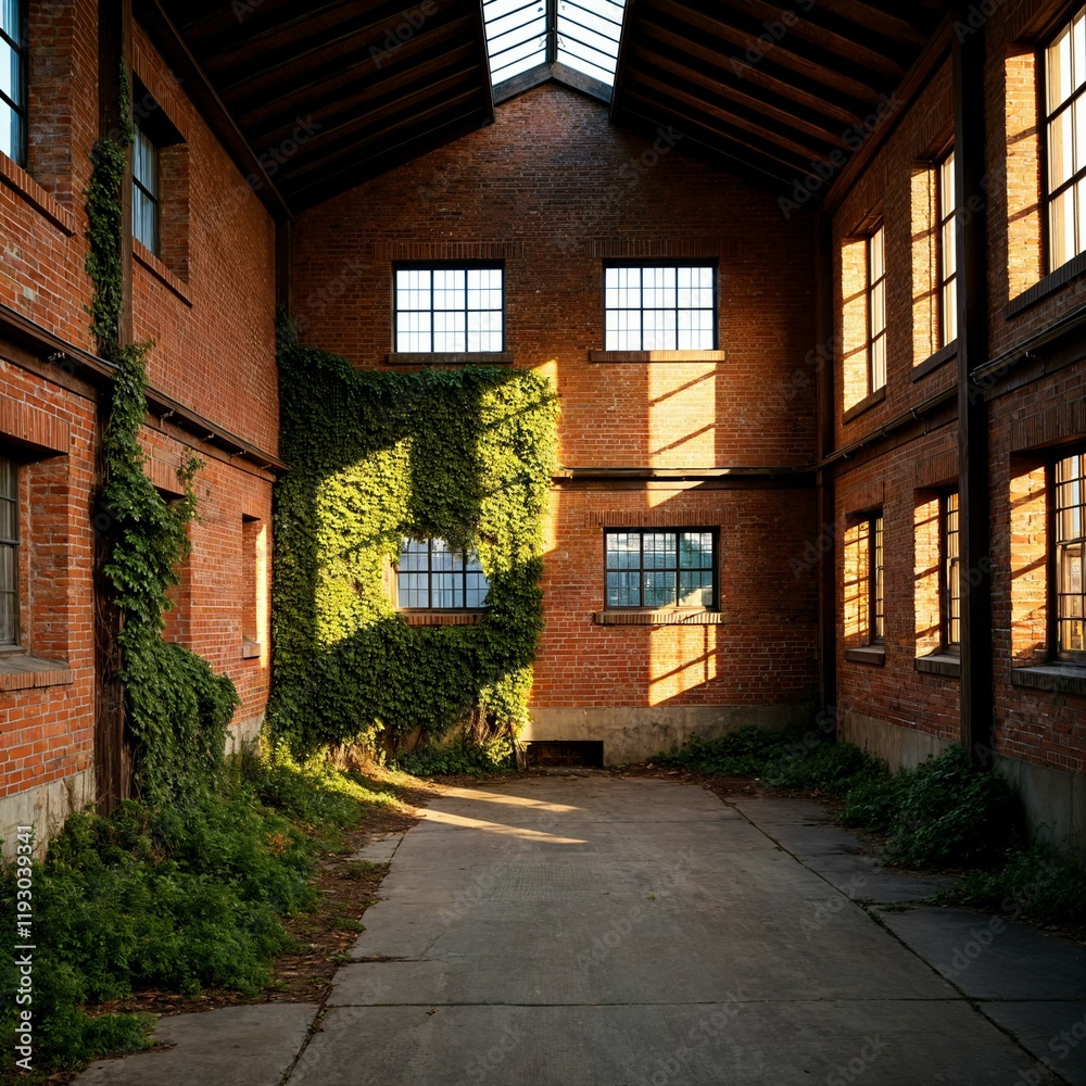 Obraz premium Rustic Industrial Brick Interior with Natural Elements and Sunlight