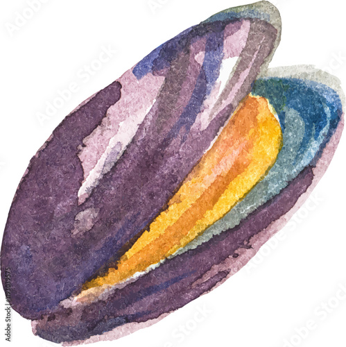 Watercolor painted mussels. Hand drawn fresh seafood design element isolated on white background.