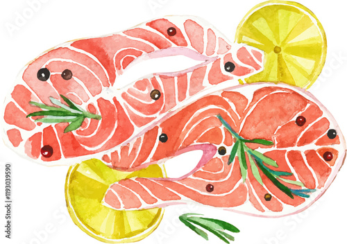 Watercolor painted salmon fillet Hand drawn fresh seafood design element isolated on white background