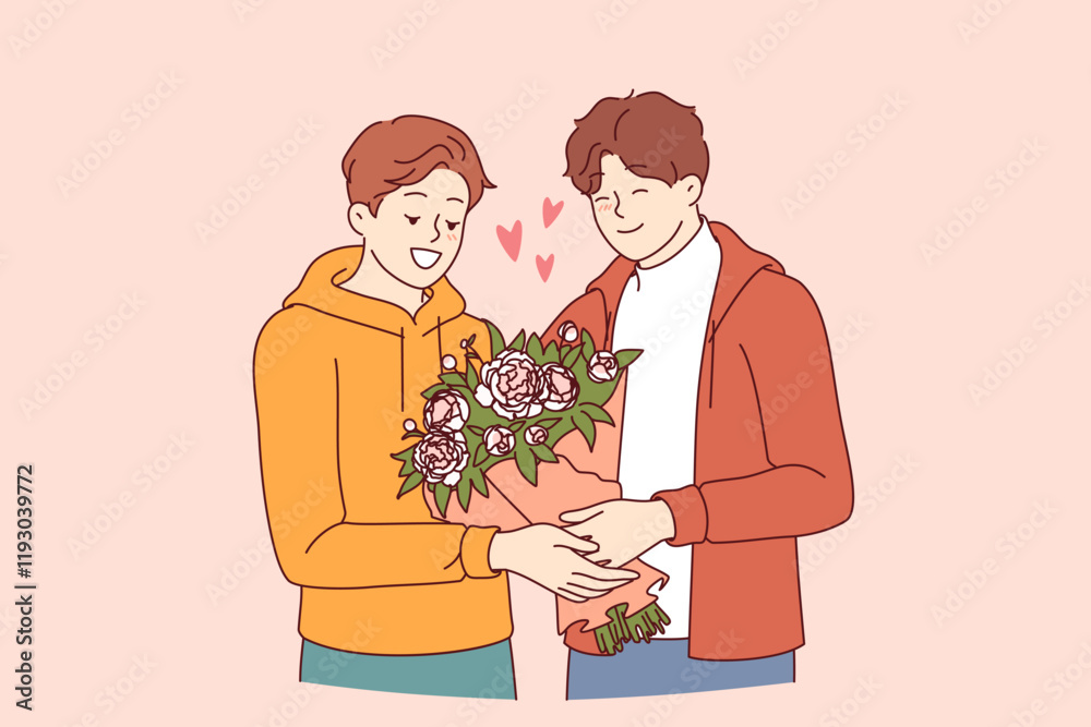 Gay man gives flowers to boyfriend during date and feels safe thanks to society tolerance for LGBT people. Gay guy receives bouquet from lover, on anniversary of relationship or on valentine day Gay man gives flowers to boyfriend during date and feels safe thanks to society tolerance for LGBT people. Gay guy receives bouquet from lover, on anniversary of relationship or on valentine day