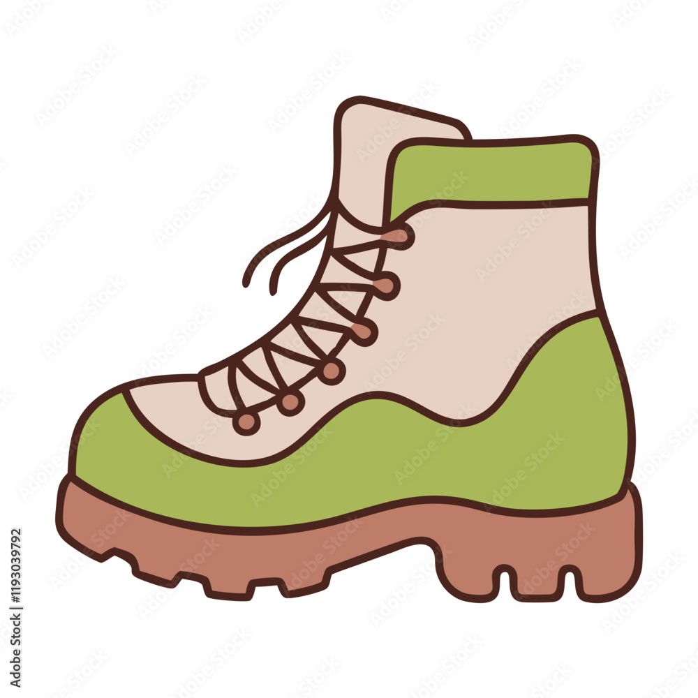 Hiking boots icon in simple design with green and brown colors Hiking boots icon in simple design with green and brown colors