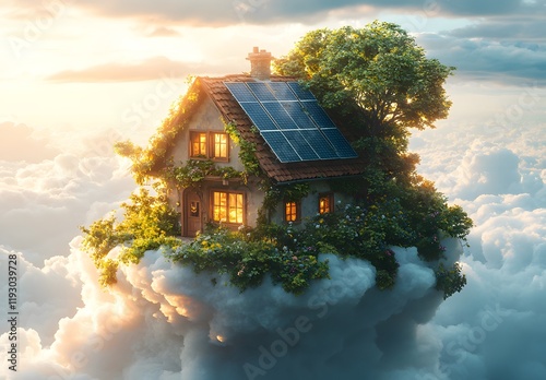 Dreamlike yellow house floating among clouds with trees, fantasy surreal concept of home in the sky photo