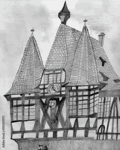 Medieval half timbered house in Germany, Europe - Pencil Drawing - Hand drawn