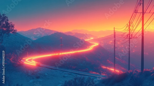 Winding asphalt road snaking through rugged mountainous landscape bathed in the warm glow of a vibrant sunset sky  Electricity poles and power lines dot the scene