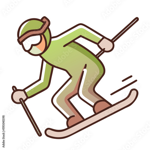 Skiing icon in green outfit performing action on snowy slope