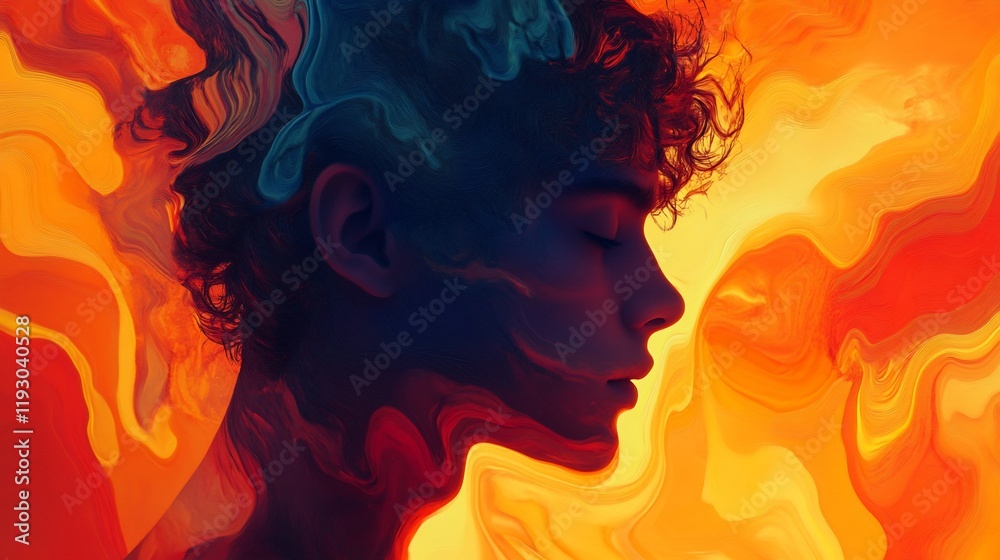 Serene man, fiery abstract background, profile, calmness