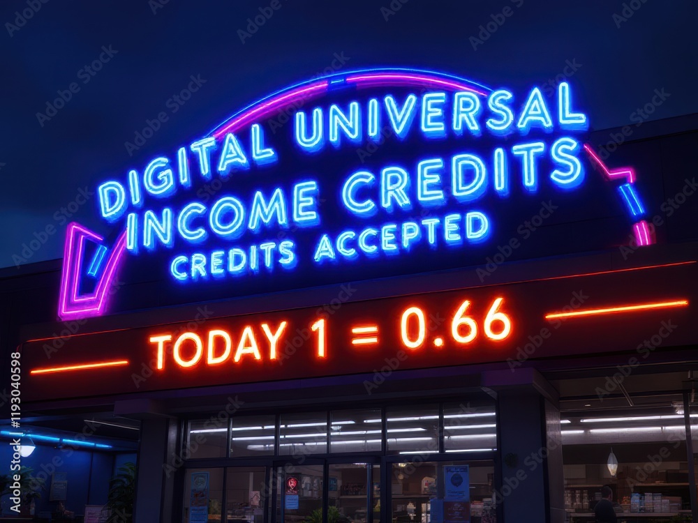 Naklejka premium Digital universal income credits accepted at store with neon sign illuminating night scene
