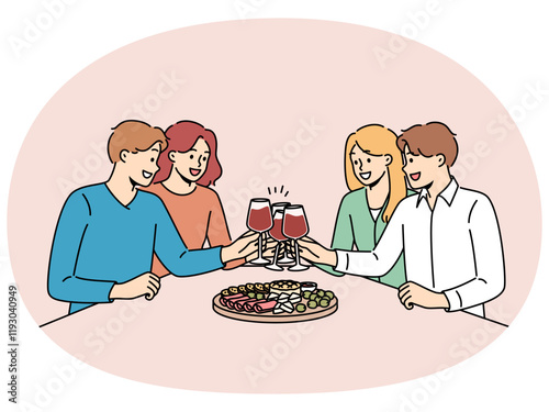 People drink wine with friends and eat snacks during friday night party in restaurant. Men and women with glasses filled with sauvignon or bordeaux wine having good time with colleagues