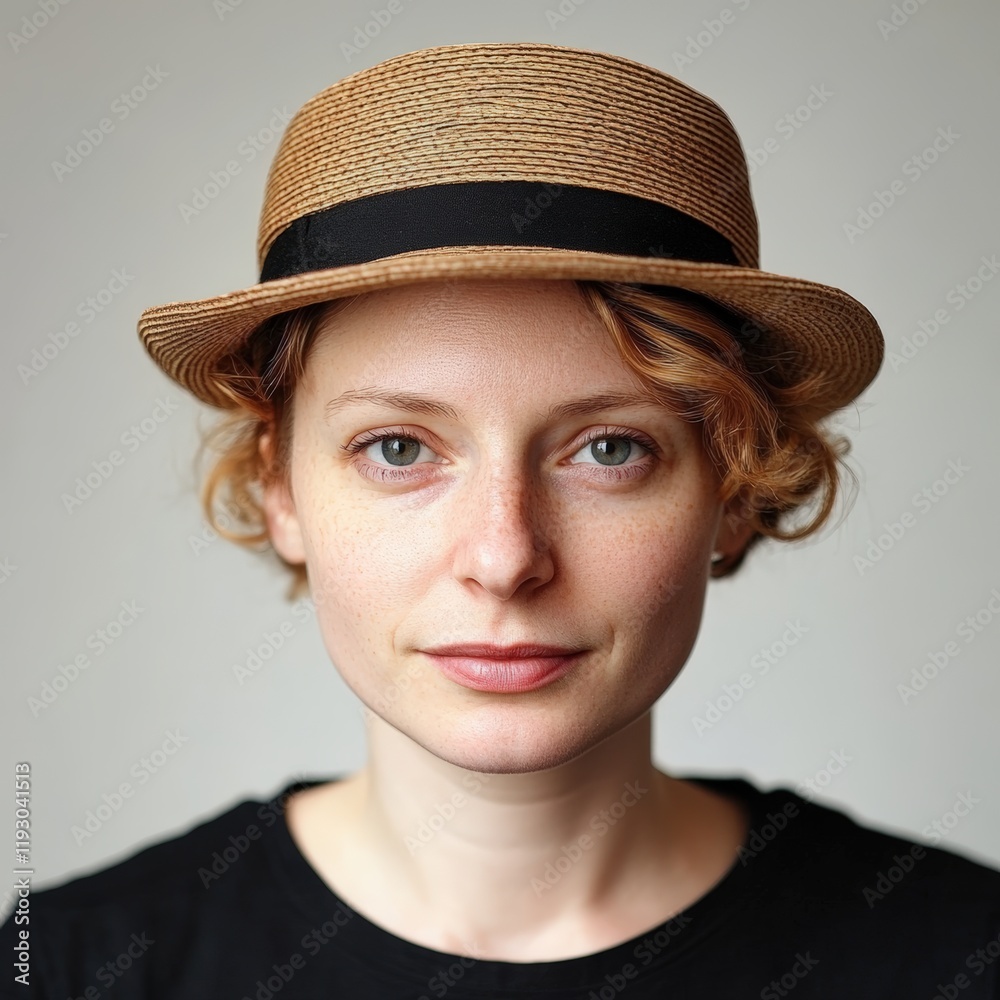 Portrait of a woman wearing a straw hat with a neutral expression in a simple background Portrait of a woman wearing a straw hat with a neutral expression in a simple background