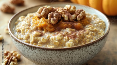 Warm and comforting pumpkin oatmeal with walnuts and cocoa powder photo