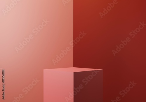Empty Podium for porduct display on Pink and Red dual colour background with copy space. Fun creative background concept. 3D render.