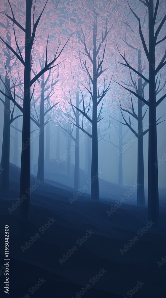 Fototapeta premium A forest with trees in the background and a pinkish hue