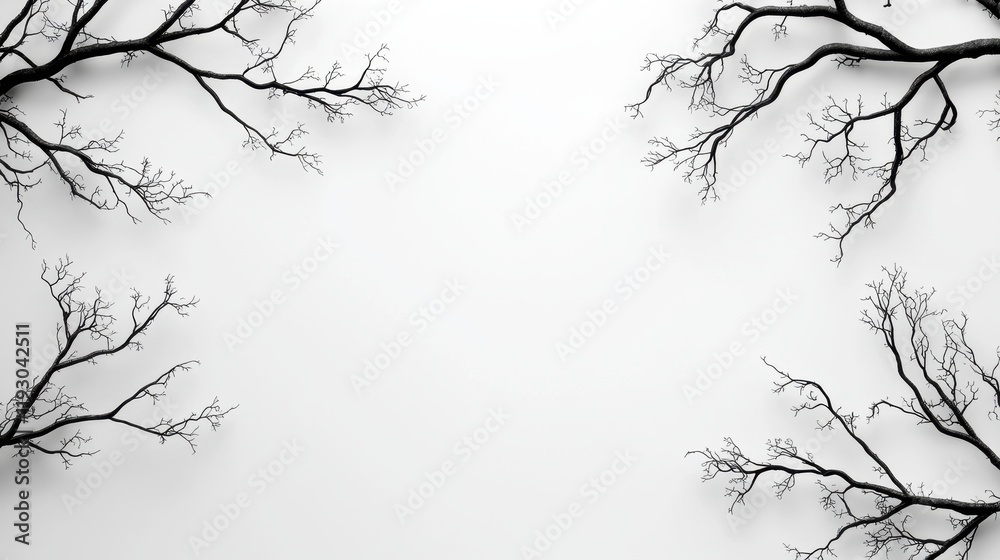 Obraz premium Silhouetted Tree Branches on White Background with Delicate Decor in Minimalist Style