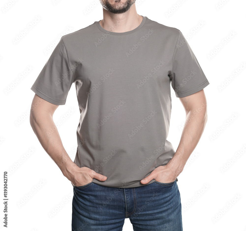 Man in blank grey t-shirt on white background, closeup. Mockup for design Man in blank grey t-shirt on white background, closeup. Mockup for design