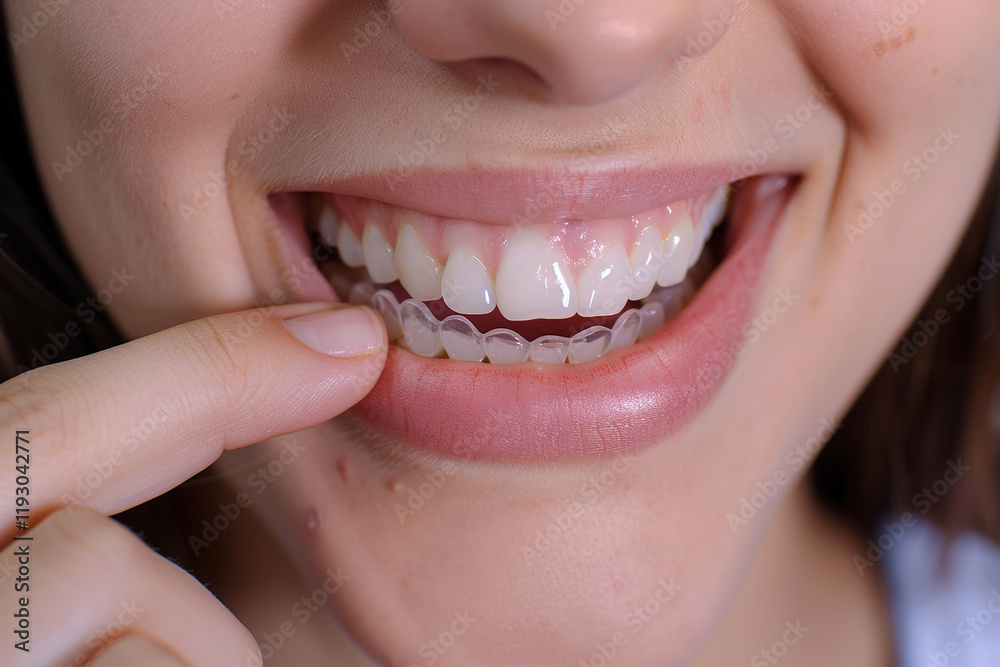 Fototapeta premium A woman is smiling and holding a clear plastic retainer in her mouth. The retainer is white and he is a clear plastic tray.