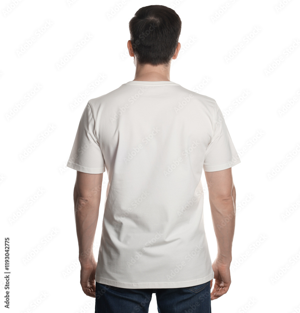 Man in blank t-shirt on white background, back view. Mockup for design Man in blank t-shirt on white background, back view. Mockup for design