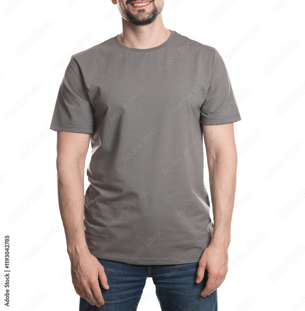 Man in blank grey t-shirt on white background, closeup. Mockup for design Man in blank grey t-shirt on white background, closeup. Mockup for design
