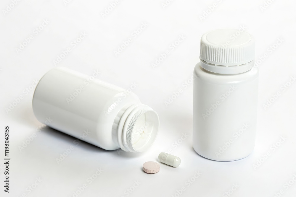 A minimalist setup of a single pill bottle or capsule on a white background, highlighting its sleek and compact design, sterile environment, clean room
