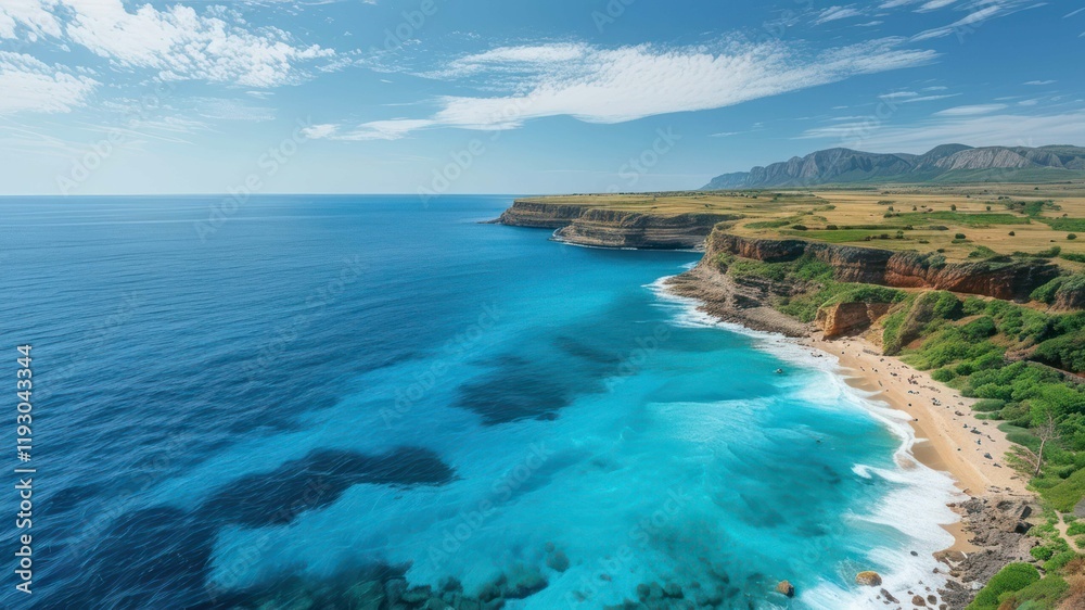 Stunning coastal landscape with turquoise waters lapping against cliffs under a bright sky, ideal for travel and relaxation Stunning coastal landscape with turquoise waters lapping against cliffs under a bright sky, ideal for travel and relaxation