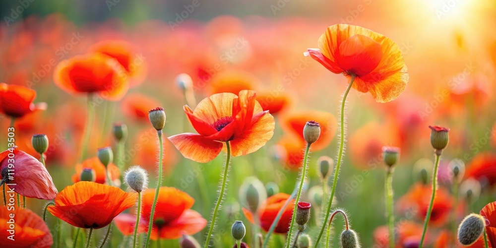 Fototapeta premium A field of poppy flowers swaying gently in the breeze with soft focus background, wildflower, nature, field