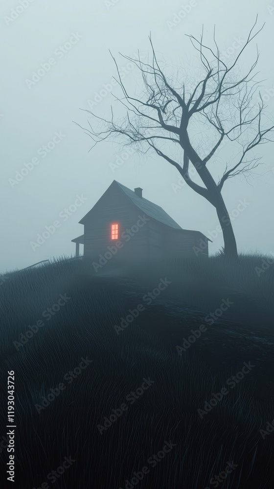 Fototapeta premium A house with a red roof and a window lit up in the dark