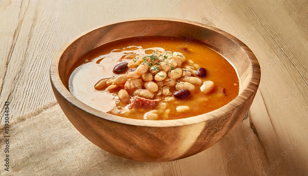 Bean Soup - Close-up shot of a wooden bowl of bean soup Bean Soup - Close-up shot of a wooden bowl of bean soup