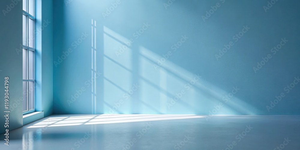 Fototapeta premium Empty room interior with light blue walls and bright sunlight streaming through a window casting shadows on the wall and floor