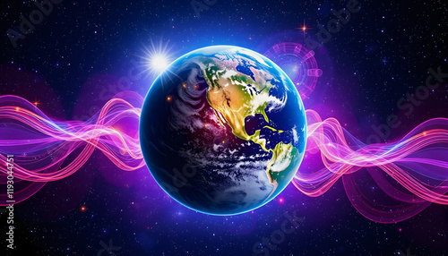 Cosmic Symphony, A mesmerizing visualization of Earth resonating with cosmic energy, depicted as vibrant waves of sound echoing through the star-filled expanse of space, colorful, with white tones