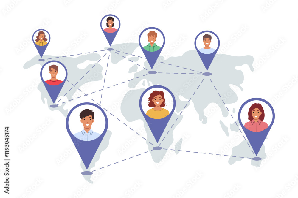 International community people from different countries, marked on global map with GPS tags. International group students studying together at online university and receiving online education