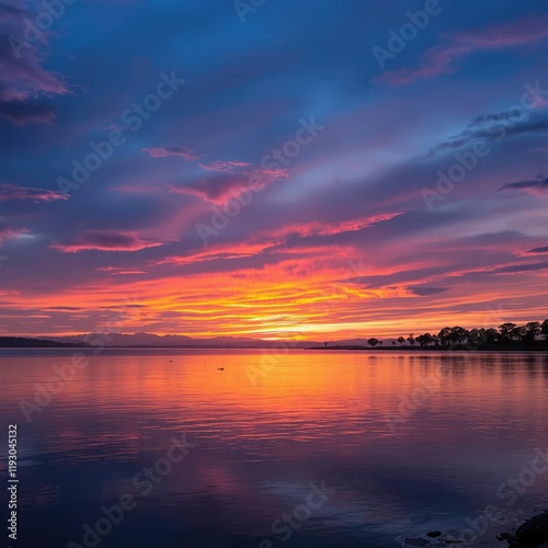 A peaceful lake reflecting the vibrant colors of a sunset with silhouettes of wildlife in the distance, water, scenery, twilight, wildlife