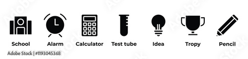 A Journey Through Learning and Achievement Icons set vector illustration with School, Alarm, Calculator, Test tube, Idea, Tropy, Pencil